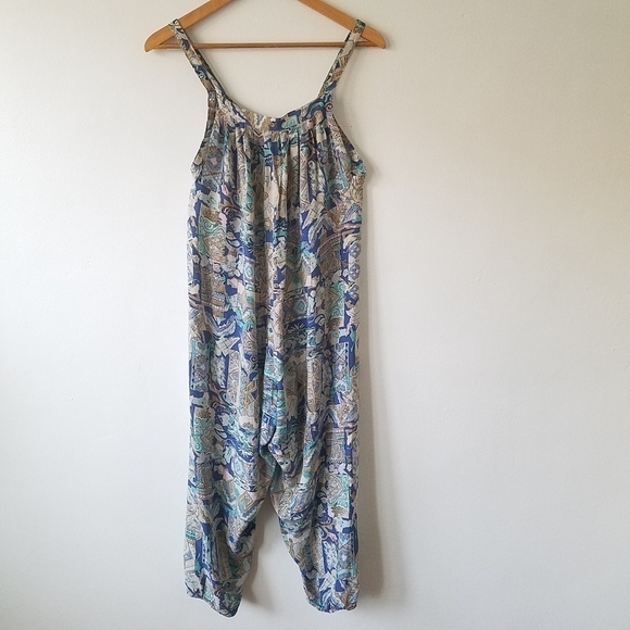 KRISTINIT Silk Blue Abstract Printed Strap Jumpsuit Small - Picture 2 of 11